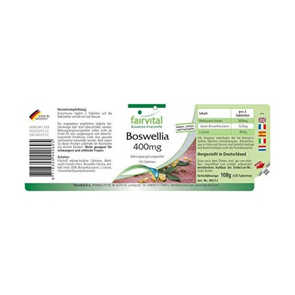 Fairvital | Boswellia Serrata 400mg - Extrait avec 65% dacides boswelliques - VEGAN - 360 comprimés 120x3 