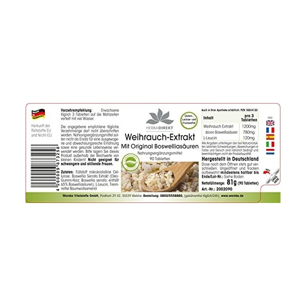 Boswellia serrata 400 mg - 90 comprimés - végétarien - Au moins 65% dacide boswéllique | HERBADIREKT by Warnke Vitalstoffe