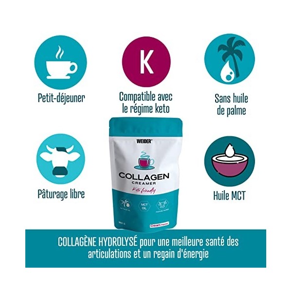 Weider Collagen Creamer 360g Collagène hydrolysé et TCM d’huile coco en poudre pour Café Crémeux Bulletproof ou Shake, Co
