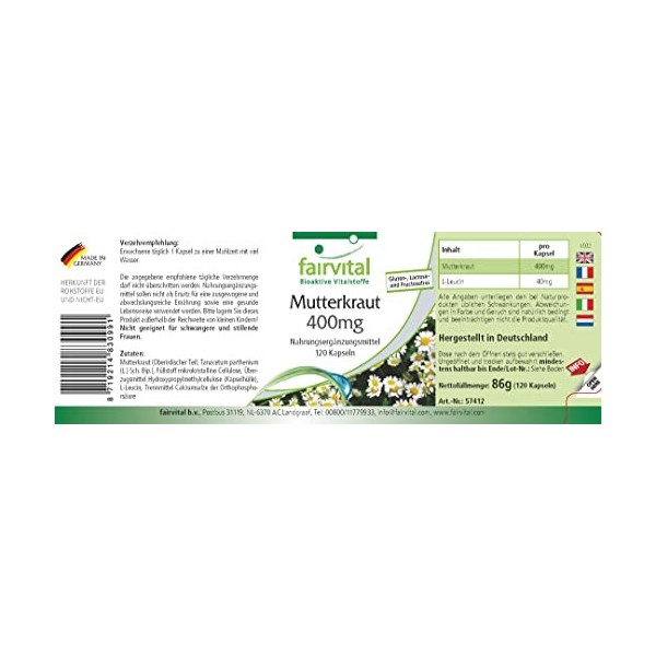 Fairvital | Grande Camomille 400 mg - 120 gélules pour 4 mois - Tanacetum parthenium - Feverfew - 100% végétalien