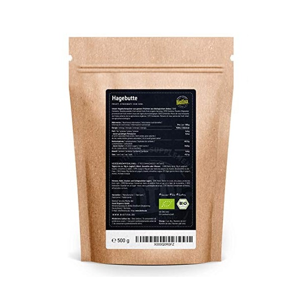 Biotiva Poudre de cynorhodon bio - 500g, qualité naturelle brute - 100 pour cent BIO, poudre de cynorhodons entiers moulus, p