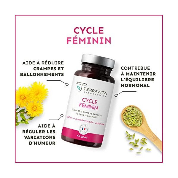 Cycle Féminin | Complément Alimentaire Règles Douloureuses et Syndrome Prémenstruel | Avec Camomille, Pissenlit, Vit B6 et Sa