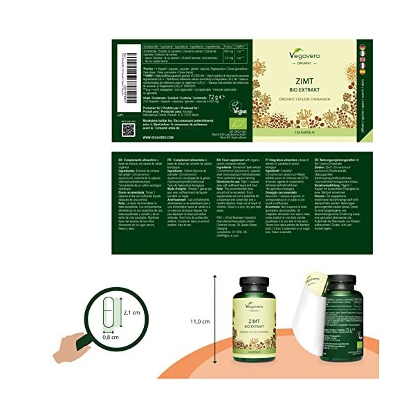 Cannelle de Ceylan BIO Vegavero® | UNIQUE – Extrait BIO 5:1 - 2500 mg | Pour 4 Mois | Extraction en FRANCE | Ceylon Cinnamo