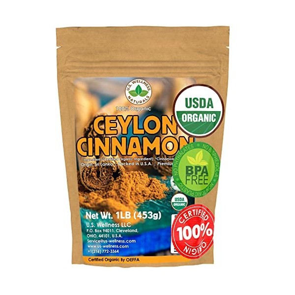 U.S. Wellness Naturals Ceylan Cannelle En Poudre 1Lb | 100% Certifié Biologique | Fraîchement Moulu Haut De Gamme Sri Lanka