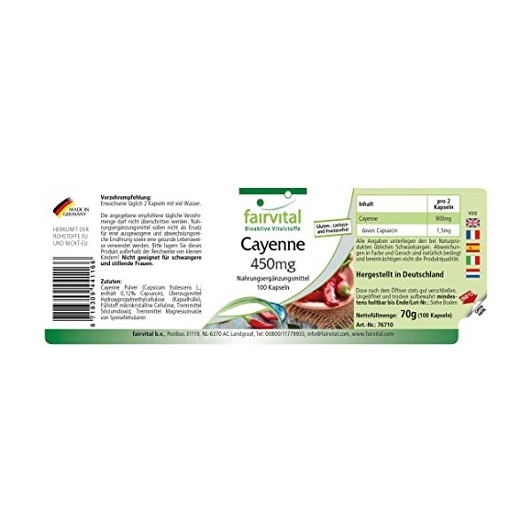 Fairvital | Gélules de Cayenne 450mg - HAUTEMENT DOSÉES - VEGANES - avec 0,12% de capsaïcine - Capsicum frutescens - 100 gélu