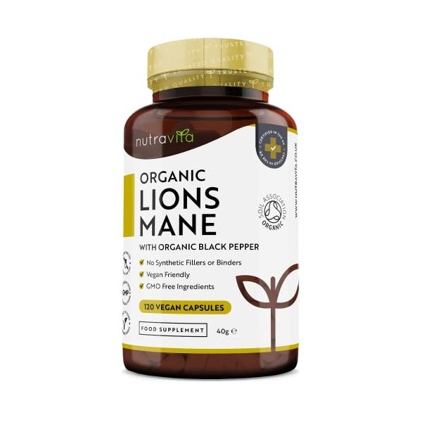 Capsules Bio de Champignon Lions Mane avec ajout de Poivre Noir Bio - 120 Capsules Végan - Supplément Yamabushitake - Sans Li