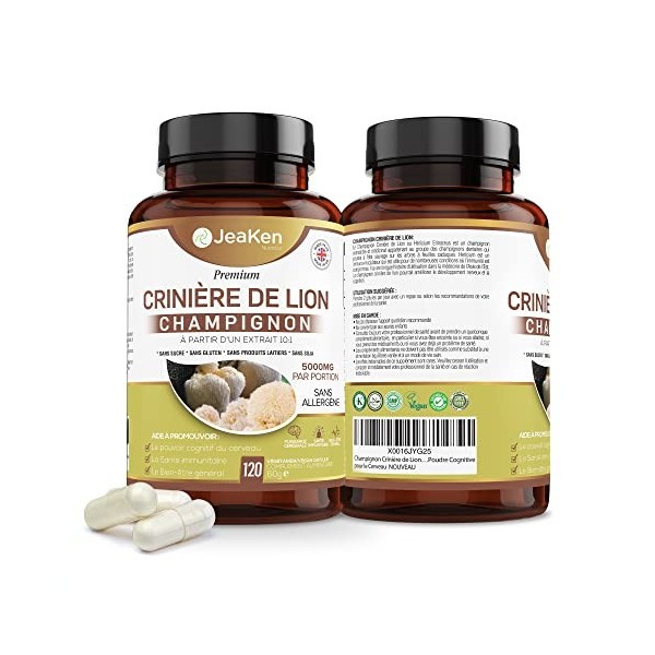 LIONS MANE HERICIUM ERINACEUS - Concentration et Mémoire 10X 10:1 Extrait - Complement Alimentaire Cerveau Clair - 120 Capsul