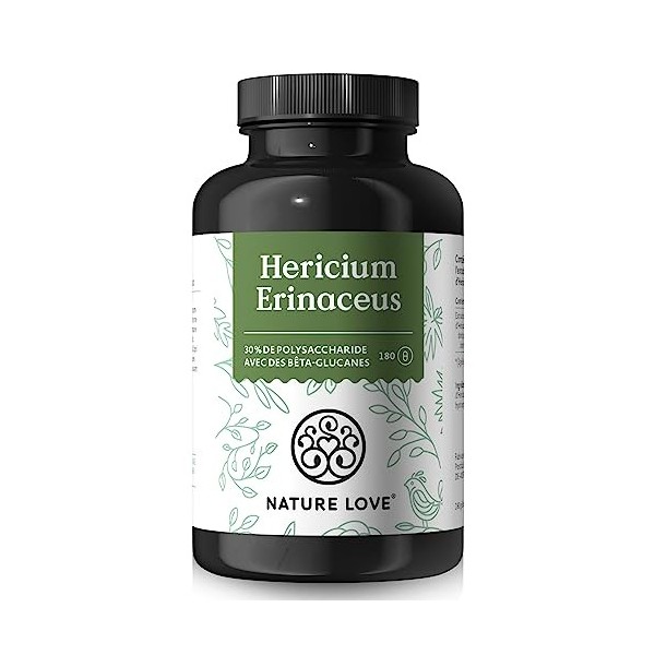 NATURE LOVE® Hericium Erinaceus - 180 gélules - hautement dosé, avec extrait 30:1 de 1500mg par dose journalière - 30% polysa