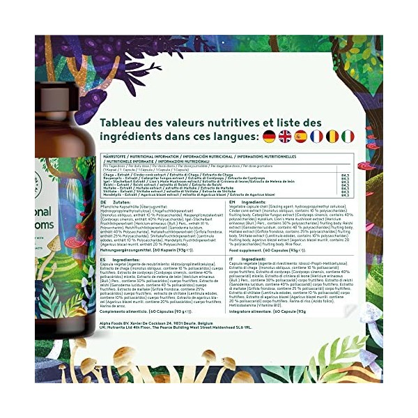 Champignons vitaux fonctionnels dAlpha Foods avec Maitake, Shiitake, Chaga, Cordyceps, Reishi, Lions Mane, Agaricus - Extrai