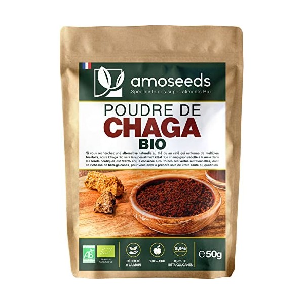 Poudre de Chaga Bio 50G | Tonifiant, Antioxydant, 8,9% Bêta-glucanes, Défenses Immunitaires | Qualité Supérieure