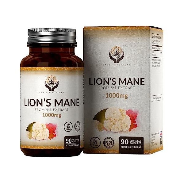 EN Lions Mane 1000mg par Portion - 90 Capsules Extrait 5:1 | Criniere de Lion Supplément | Sans OGM et Sans Gluten | Fabriqué
