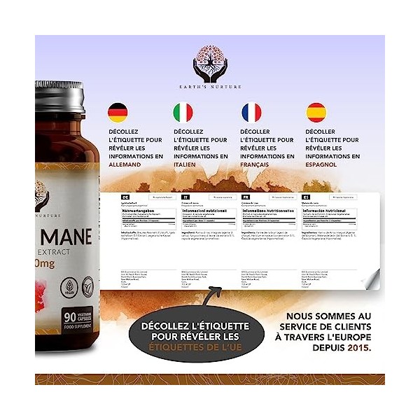 EN Lions Mane 1000mg par Portion - 90 Capsules Extrait 5:1 | Criniere de Lion Supplément | Sans OGM et Sans Gluten | Fabriqué