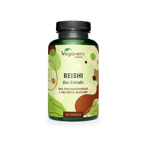 Reishi BIO Vegavero® | 8400 mg par gélule 600 mg dExtrait 14:1 | Avec 40% Polysaccharides + 30% Bêta-Glucanes | Sans Addit