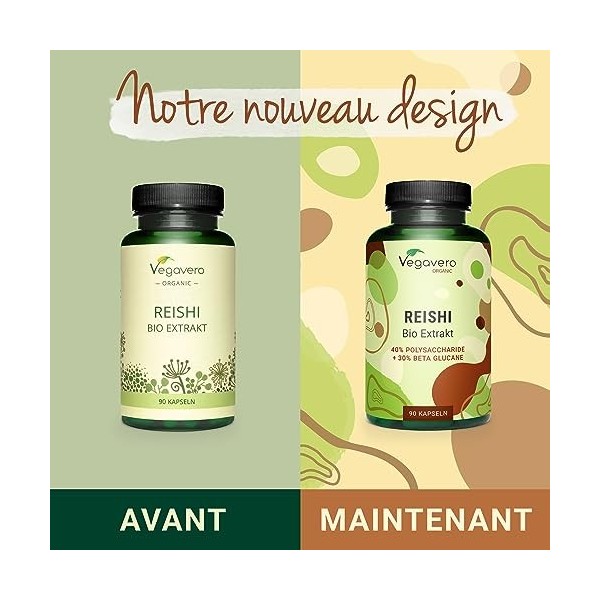 Reishi BIO Vegavero® | 8400 mg par gélule 600 mg dExtrait 14:1 | Avec 40% Polysaccharides + 30% Bêta-Glucanes | Sans Addit