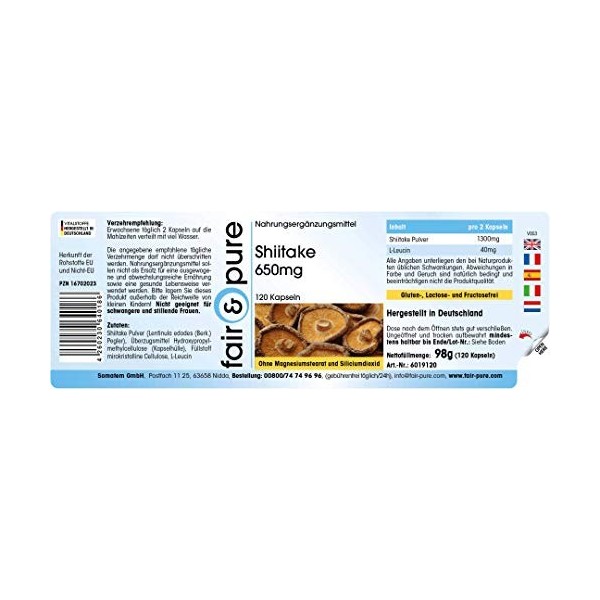 Fair & Pure® - Shiitake 650 mg - 120 gélules Lentinula edodes - végan