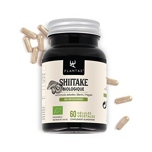 Shiitake bio * Plantae * 60 gélules végétales * Renforce le système immunitaire * 50% polysaccharides + 15% bêta-glucanes *