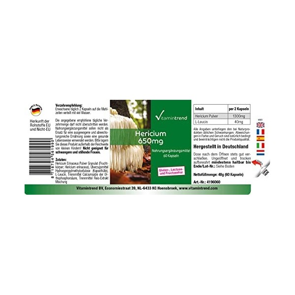 Poudre dHericium 650 mg - 60 gélules, champignon vital fonctionnel, adaptogène, fortement dosé, végétalien | Vitamintrend®