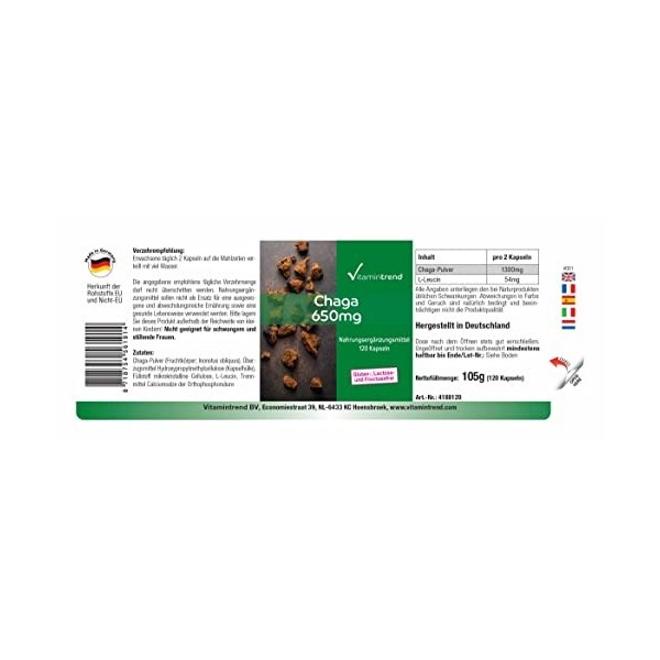 Poudre de Chaga 650mg - 120 gélules, champignon fonctionnel, végan | Vitamintrend®