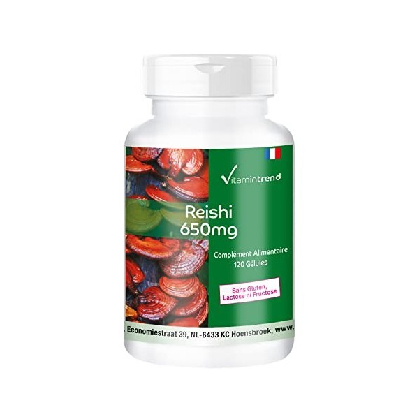Poudre de Reishi 650mg - 120 gélules, Champignon vital fonctionnel, adaptogène, végétalien | Vitamintrend®