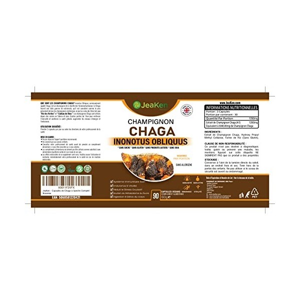 JeaKen - Champignon CHAGA PLEIN SPECTRE - Capsules à Spectre Complet de 90 x 420 mg d’Extrait de Champignon Chaga 4: 1 - Sans