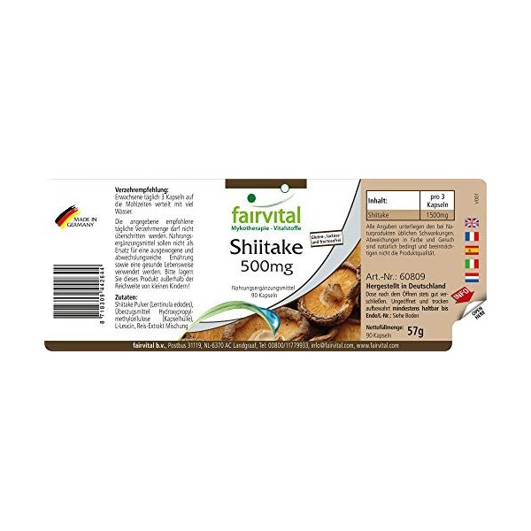 Fairvital | Shiitake - Pur champignon 500mg - 90 gélules végétariennes