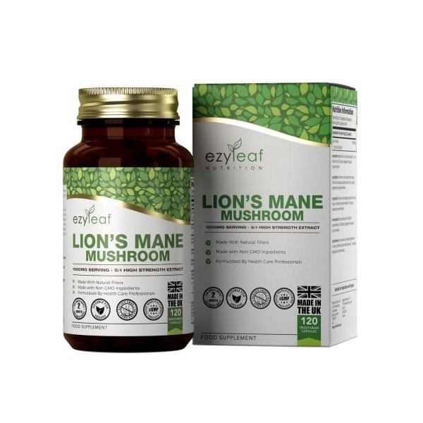 Ezyleaf Lions Mane Supplement - 1000mg par capsule | Champignons Criniere de Lion a Haute Teneur | 120 capsules Lions Mane |