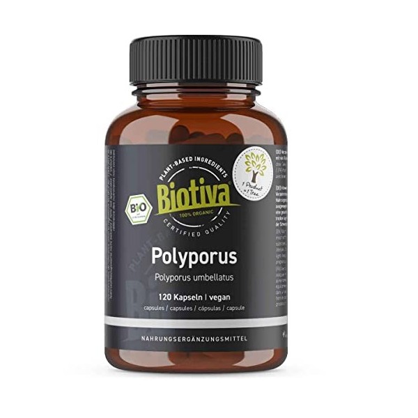 Biotiva Polyporus capsules organic - 120 pièces - Eichhase - champignon comestible - embouteillé et contrôlé en Allemagne DE