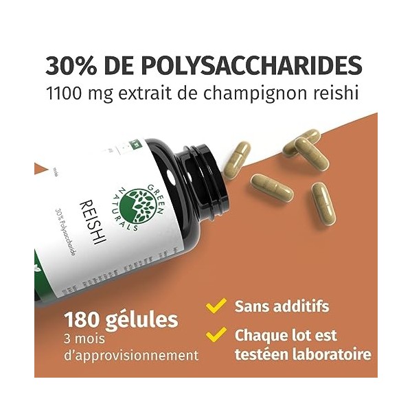 Reishi 100 gélules de 500 mg extrait 20:1 - 10.000mg de poudre de Ganoderma Lucidum -30% de polysaccharides - Production al