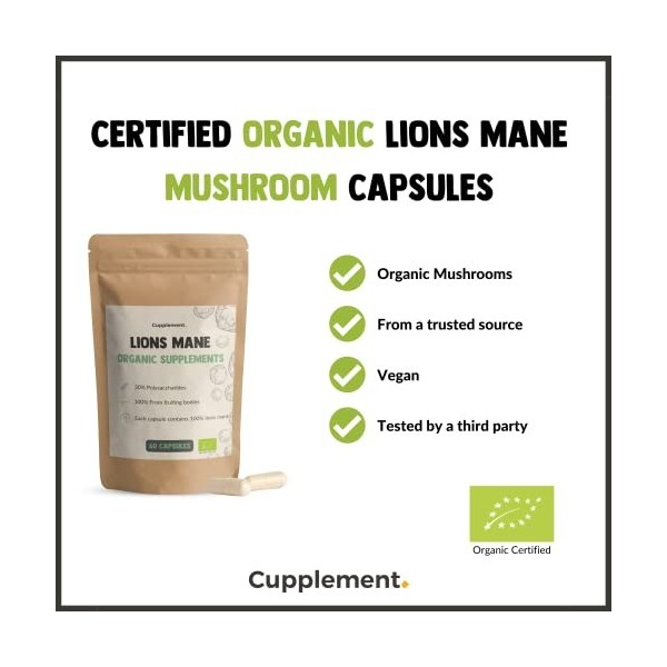 Cupplement | Lions Mane Capsules 60 Pieces| Organic | 500 MG par Capsules Bio | Qualité supérieure