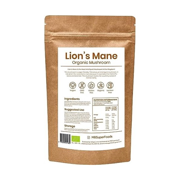 Poudre de Lion’s Mane MB Superfoods - Extrait de Champignon Bio Végétalien - Excellente Pour la Fonction Cognitive, Le Soutie