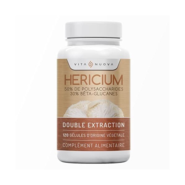 Hericium Lion’s mane/Hydne hérisson - 120 Capsules - 50% Polysaccharides / 30% Bêta Glucanes - Végétalien - Sans Additifs 