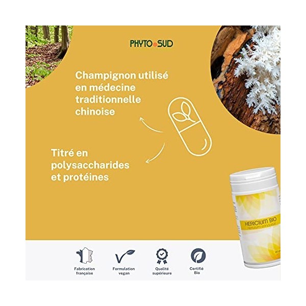 Hericium Bio Gelules - hericium erinaceus - Complement Alimentaire Vegan - Extrait concentré - gélules dosées à 400mg - Fabri