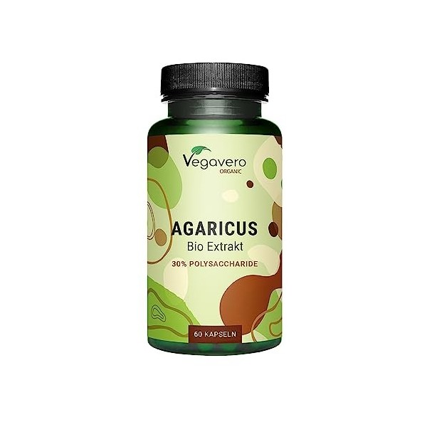 Agaricus Blazei BIO Vegavero® | 6000 mg de Poudre 600 mg dExtrait 10:1 | Avec 30% de Polysaccharides | Sans Additifs & San