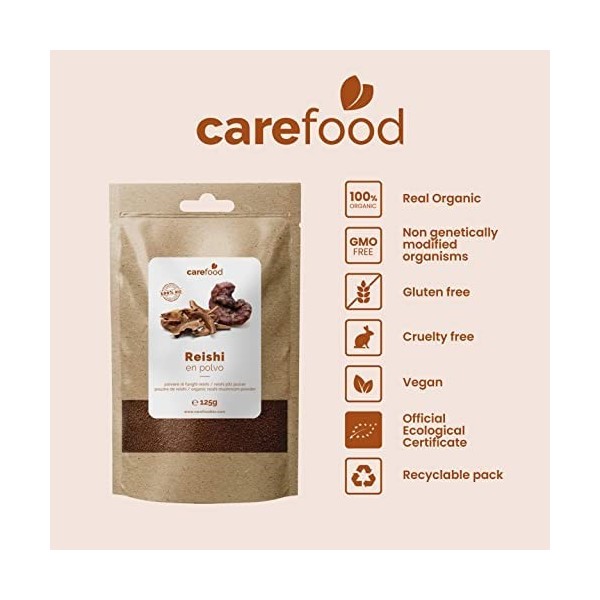 Carefood - Reishi Pur en Poudre Bio - Superfood 100% Biologique Adapté aux Véganes - Facile à Mélanger et Améliore la Qualité