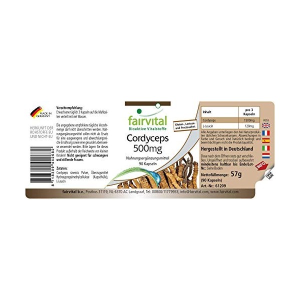 Fairvital | Cordyceps 500mg VEGAN - Fortement dosé - 90 capsules - Cordyceps sinensis - champignon chenille