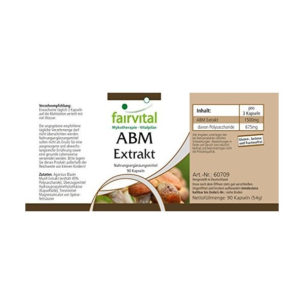 Fairvital | ABM 500mg - Extrait dAgaricus Blazei - VEGAN - 90 gélules - 45% de polysaccharides