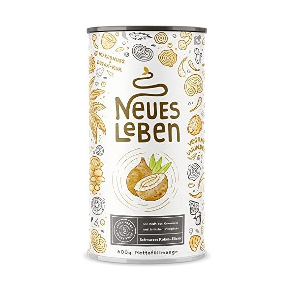 Neues Leben - Elixir Détox noir - Formule au charbon actif, Matcha, Aloe Vera, Chaga, Shiitake, Reishi - 600 grammes de poudr