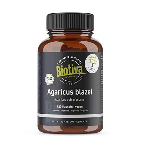 Biotiva Agaricus blazei capsules bio - 120 capsules - 500mg par capsule - champignon vital - pleurote en amande - champignon 