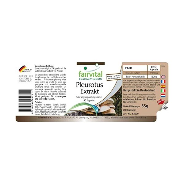 Fairvital | Pleurotes extrait 500mg VEGAN - Fortement dosé - 90 capsules - extrait de champignon standardisé à des polysaccha