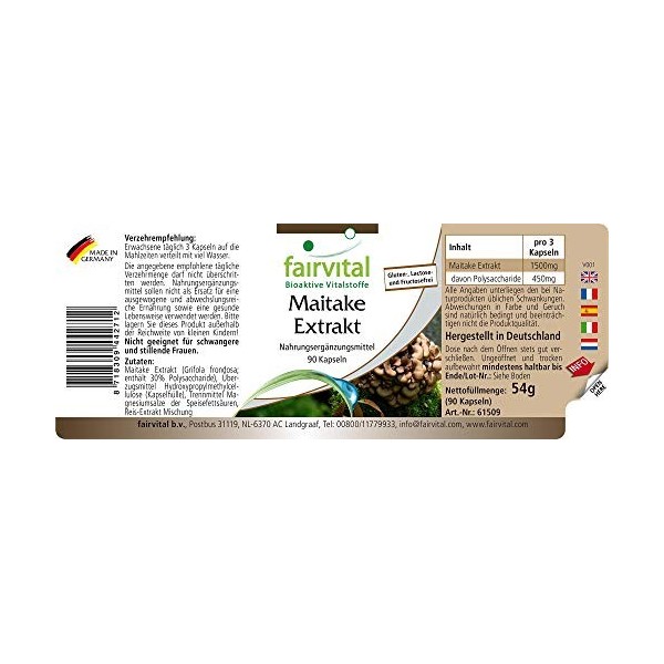 Fairvital | extrait de Maitake 500mg VEGAN - Fortement dosé - 90 capsules - extrait de champignon avec des polysaccharides 30