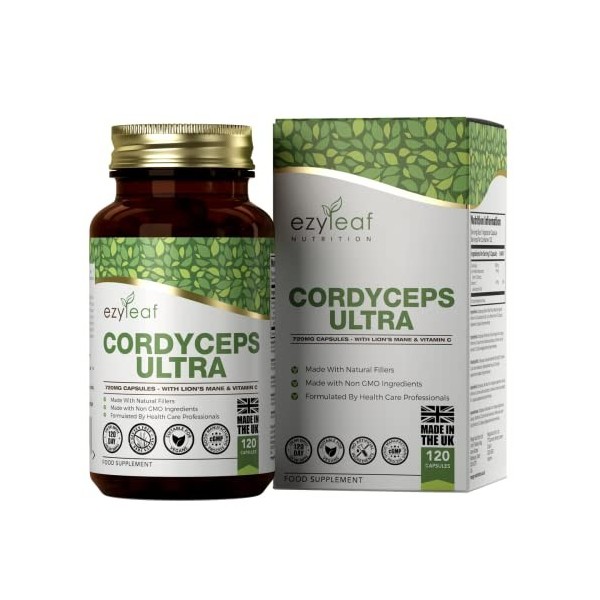 Ezyleaf Cordyceps Ultra Lions Mane & Vitamine C Supplément | 120 Capsules Champignons - Champignon Cordyceps 650mg Criniere d