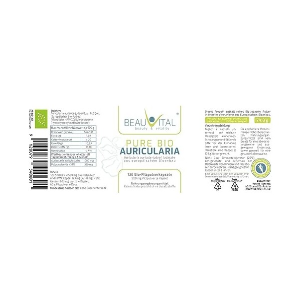 Pure Bio Auricularia Lot de 120 capsules 500 mg chacune en poudre provenant de lagriculture biologique de lUE, végétalien, 