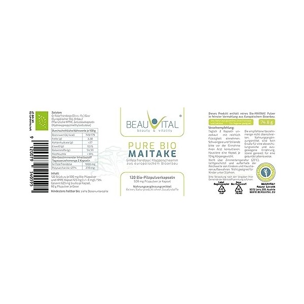 Pure Bio Maitake Lot de 120 gélules Grifola Frondosa de 500 mg par poudre issue de lagriculture biologique de lUE, végétali