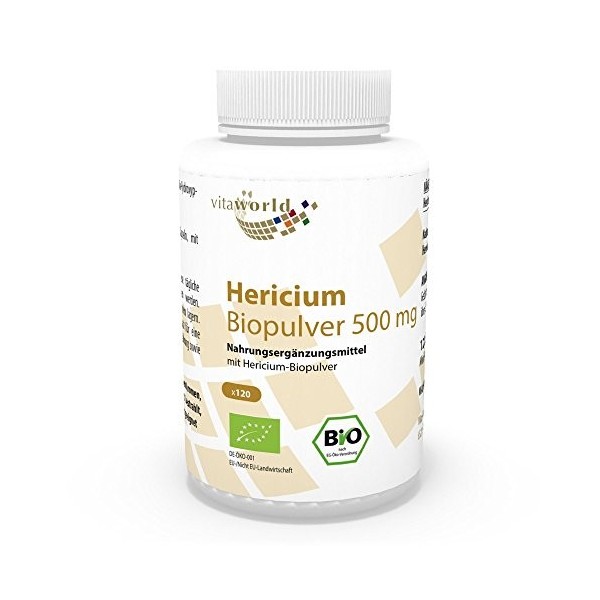 Vita World Hericium poudre qualité bio 500mg 120 Capsules Made in Germany