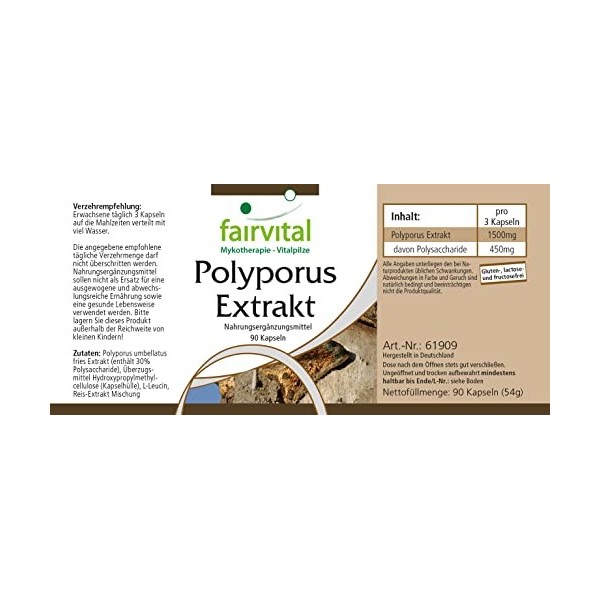 Fairvital | Polyporus extrait 500mg VEGAN - Fortement dosé - 90 capsules - extrait de champignon normalisé aux polysaccharide