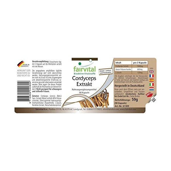 Fairvital | Cordyceps extrait 500mg Fortement dosé - 90 capsules - Cordyceps Sinensis - standardisé à 40% polysaccharides