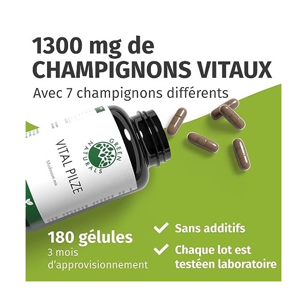 GREEN NATURALS: Extrait de Champignons Vitaux 100% Végétaliens, Du Reishi, Shiitake et Cordyceps Sinensis Extralients - 180 C