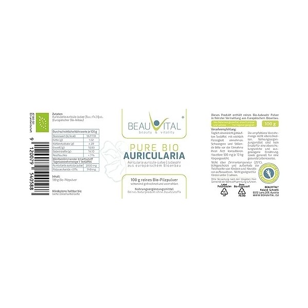 Pure Bio Auricularia Poudre 100 g Oreille de Juda issue de lagriculture biologique de lUE, végétalien, sans additifs artifi