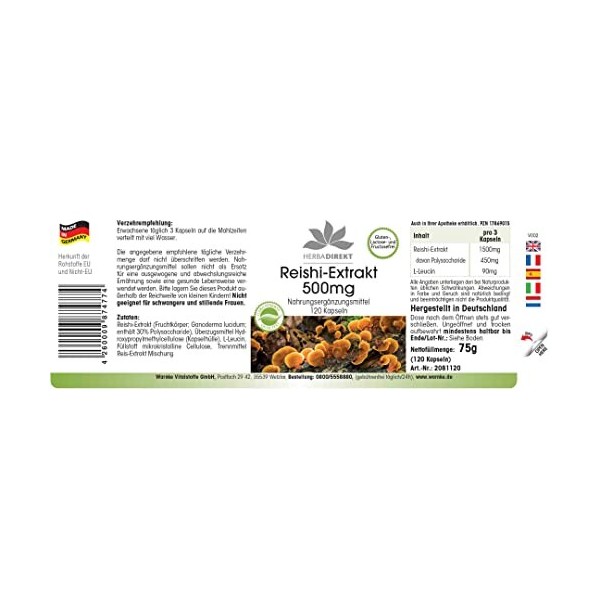 Reishi 500 mg - Extrait - 120 gélules - végan - 30% de Polysaccharides | HERBADIREKT by Warnke Vitalstoffe