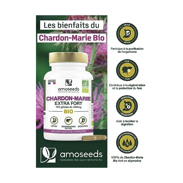 Chardon-Marie BIO | Extra Fort, 1350mg / Jour | Régénérant Foie, Protection, Détox, Digestion | 120 gélules de 450mg | Qualit